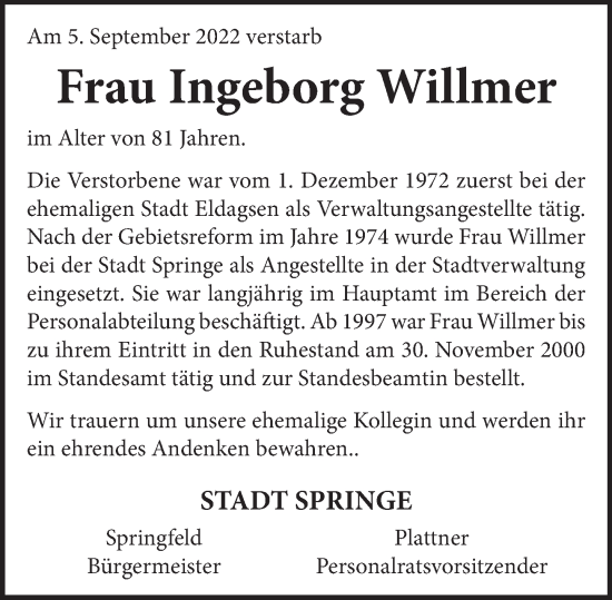Traueranzeige von Ingeborg Willmer von Neue Deister-Zeitung