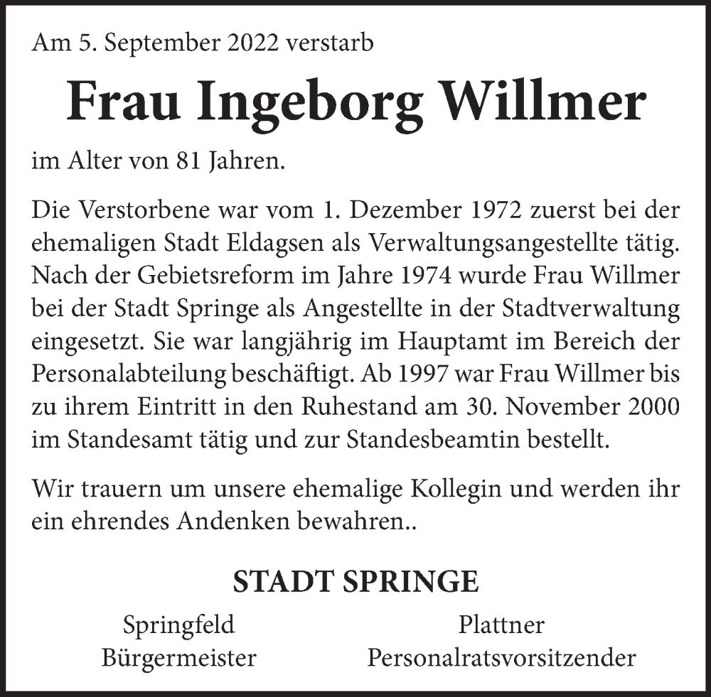  Traueranzeige für Ingeborg Willmer vom 17.09.2022 aus Neue Deister-Zeitung