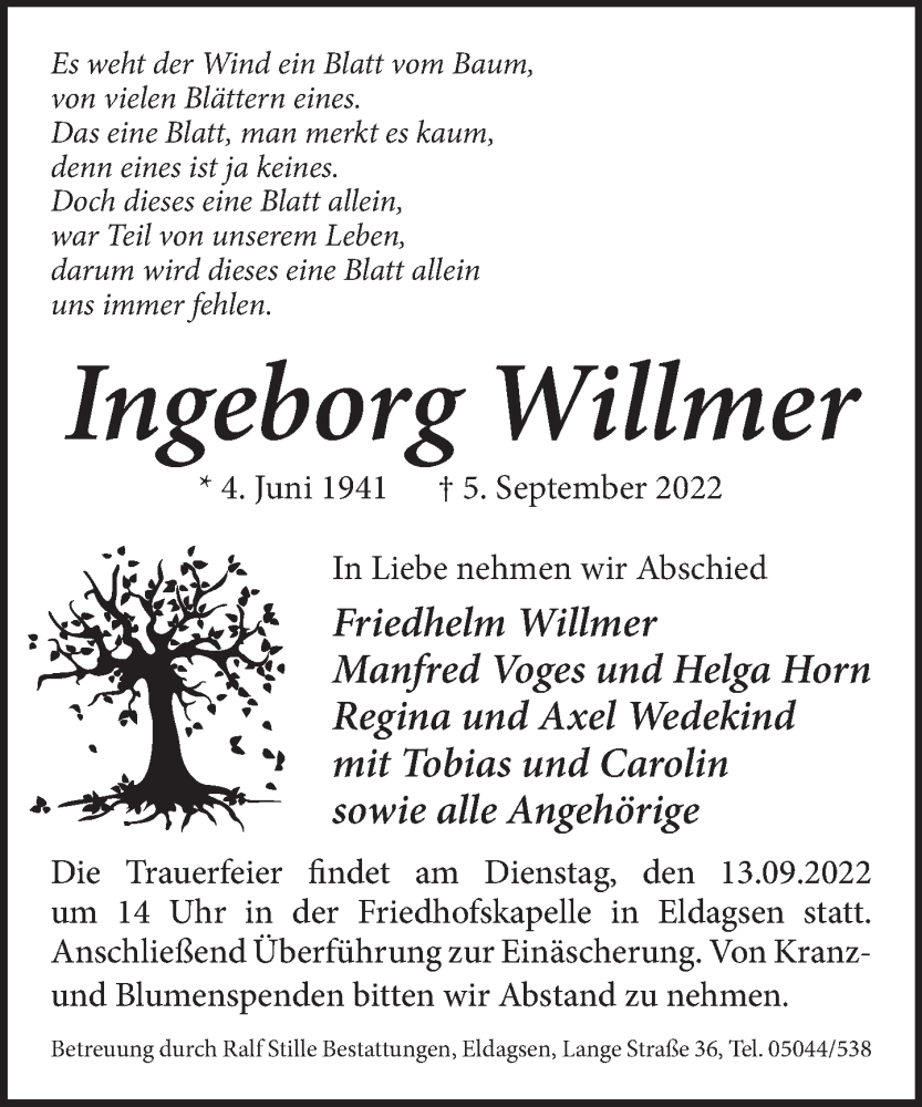  Traueranzeige für Ingeborg Willmer vom 10.09.2022 aus Neue Deister-Zeitung