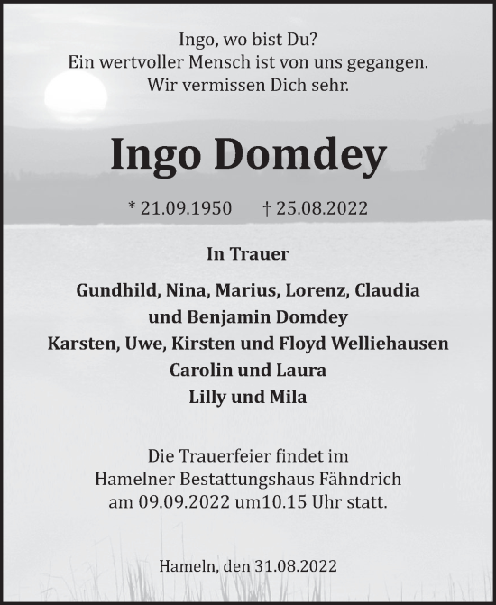Traueranzeige von Ingo Domdey von Deister- und Weserzeitung