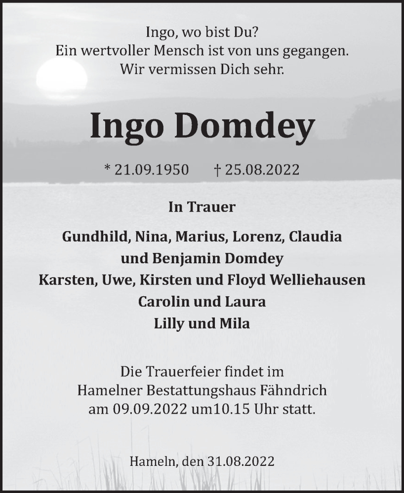  Traueranzeige für Ingo Domdey vom 03.09.2022 aus Deister- und Weserzeitung