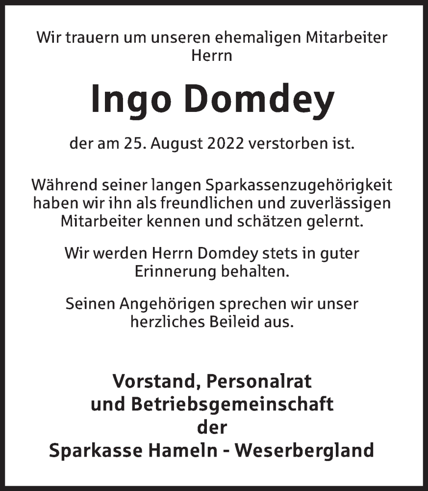  Traueranzeige für Ingo Domdey vom 10.09.2022 aus Deister- und Weserzeitung