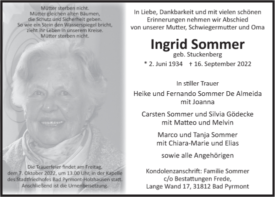 Traueranzeige von Ingrid Sommer von Deister- und Weserzeitung