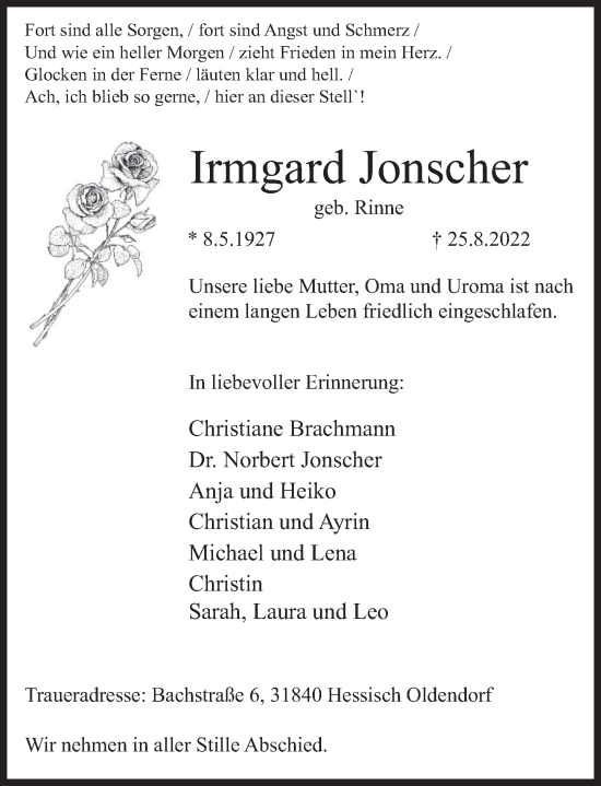 Traueranzeige von Irmgard Jonscher von Deister- und Weserzeitung