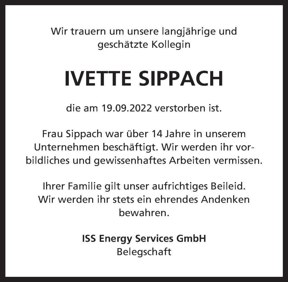  Traueranzeige für Ivette Sippach vom 24.09.2022 aus Deister- und Weserzeitung