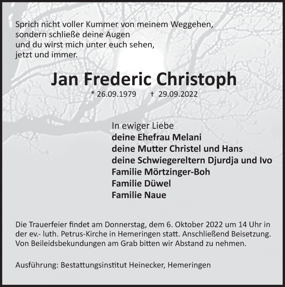  Traueranzeige für Jan Frederic Christoph vom 04.10.2022 aus Deister- und Weserzeitung