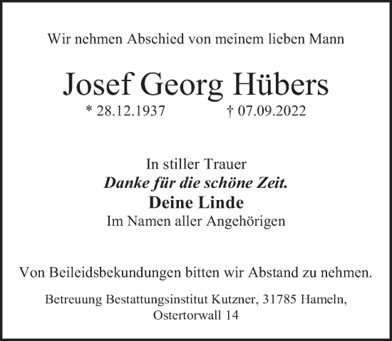 Traueranzeige von Josef Georg Hübers von Deister- und Weserzeitung