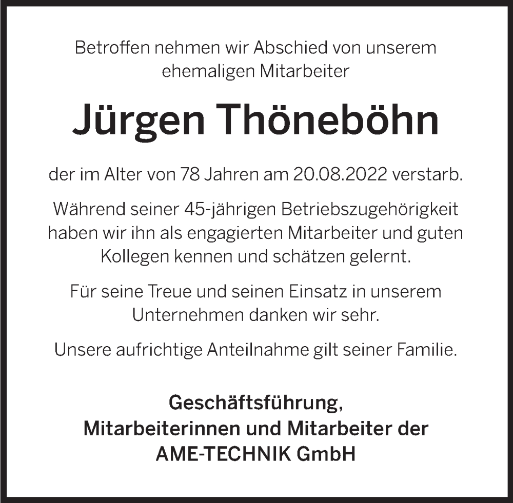  Traueranzeige für Jürgen Thöneböhn vom 09.09.2022 aus Deister- und Weserzeitung