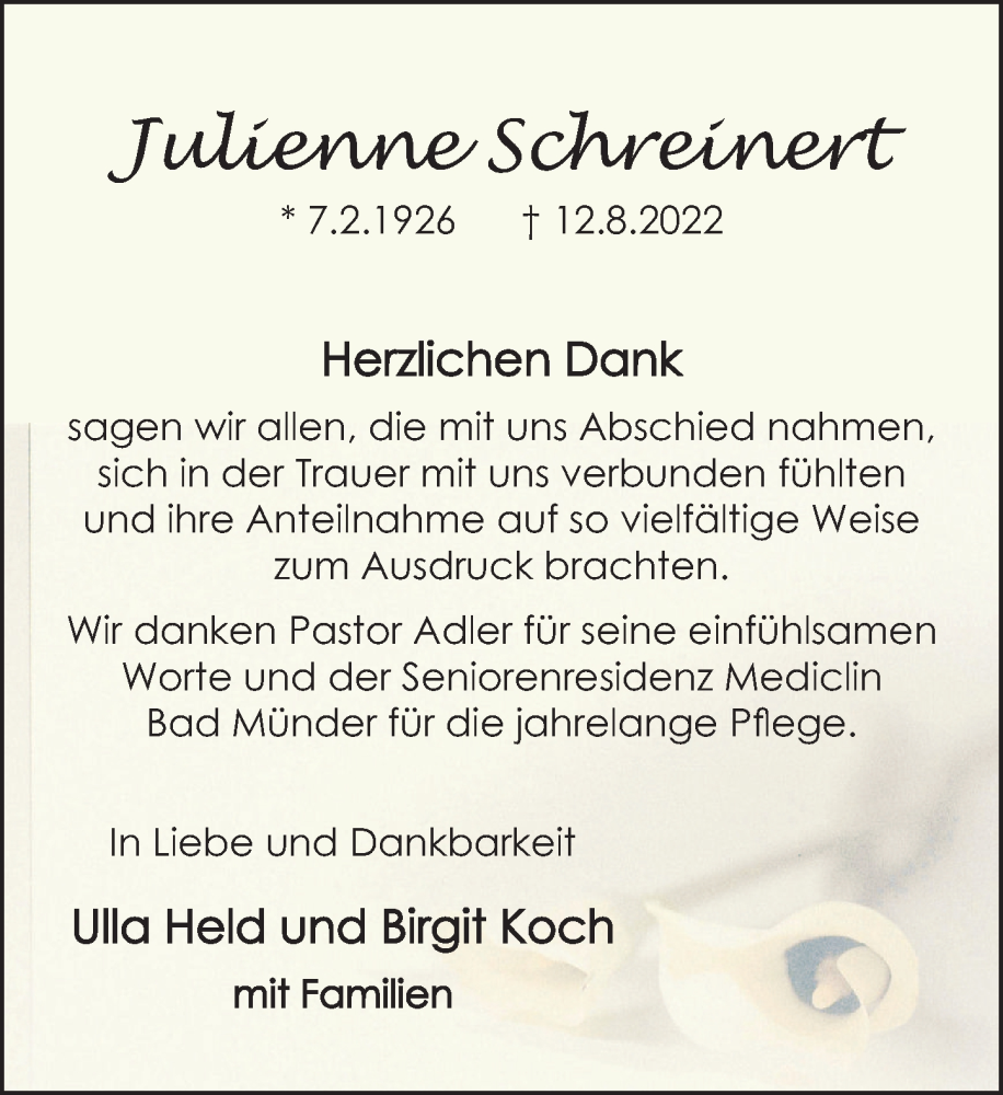  Traueranzeige für Julienne Schreinert vom 10.09.2022 aus Neue Deister-Zeitung