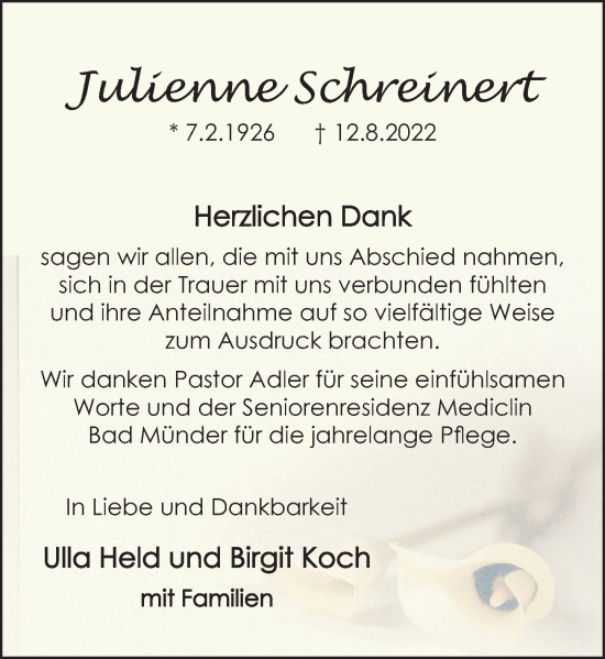 Traueranzeige von Julienne Schreinert von Neue Deister-Zeitung