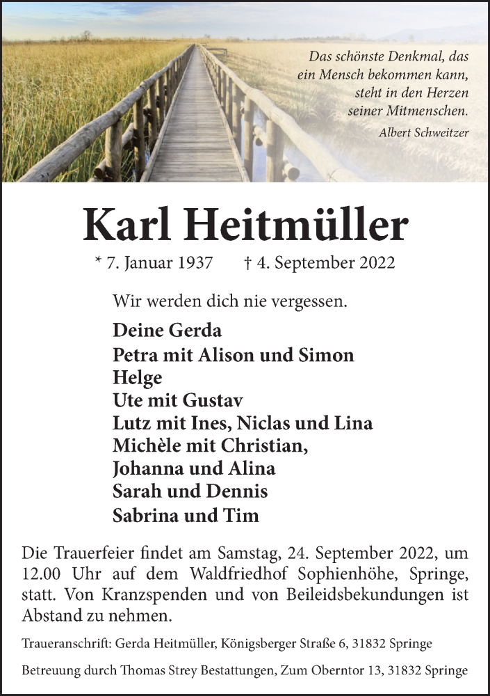  Traueranzeige für Karl Heitmüller vom 17.09.2022 aus Neue Deister-Zeitung