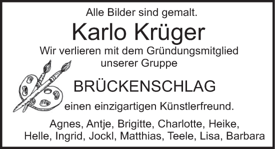 Traueranzeige von Karlo Krüger von Deister- und Weserzeitung