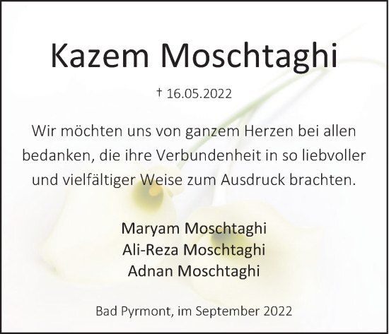 Traueranzeige von Kazem Moschtaghi von Deister- und Weserzeitung