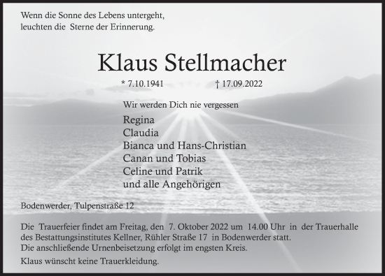 Traueranzeige von Klaus Stellmacher von Deister- und Weserzeitung
