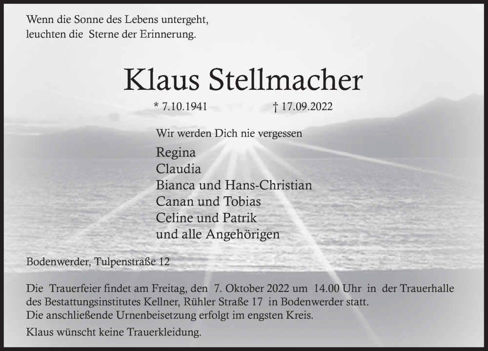  Traueranzeige für Klaus Stellmacher vom 24.09.2022 aus Deister- und Weserzeitung
