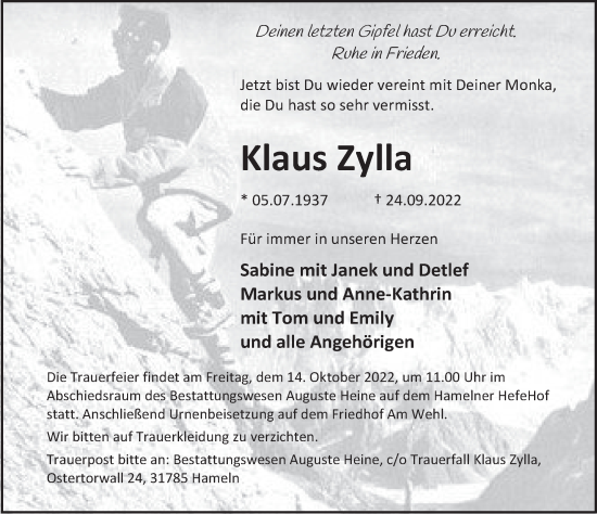 Traueranzeige von Klaus Zylla von Deister- und Weserzeitung