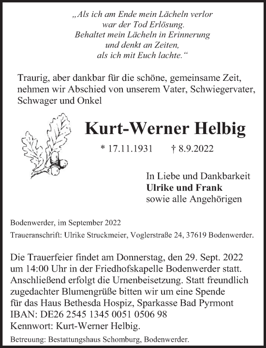 Traueranzeige von Kurt-Werner Helbig von Deister- und Weserzeitung