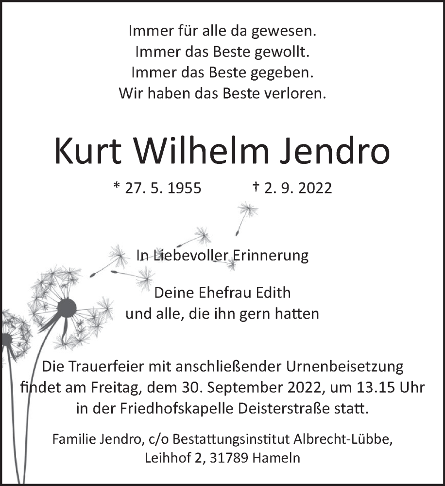  Traueranzeige für Kurt Wilhelm Jendro vom 23.09.2022 aus Deister- und Weserzeitung