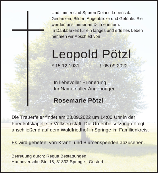 Traueranzeige von Leopold Pötzl von Neue Deister-Zeitung