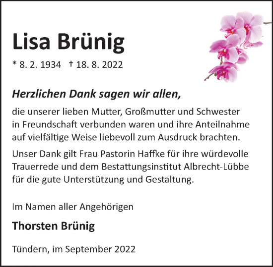 Traueranzeige von Lisa Brünig von Deister- und Weserzeitung