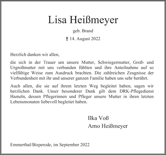 Traueranzeige von Lisa Heißmeyer von Deister- und Weserzeitung