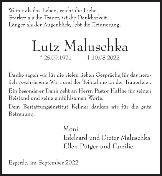 Traueranzeige von Lutz Maluschka von Deister- und Weserzeitung
