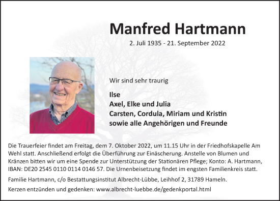 Traueranzeige von Manfred Hartmann von Deister- und Weserzeitung
