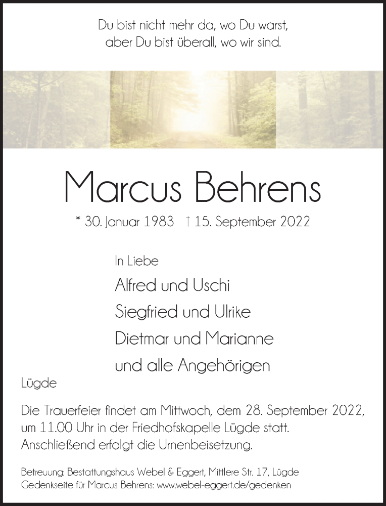  Traueranzeige für Marcus Behrens vom 23.09.2022 aus Deister- und Weserzeitung