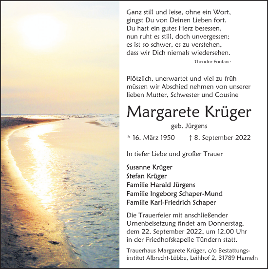 Traueranzeige von Margarete Krüger von Deister- und Weserzeitung