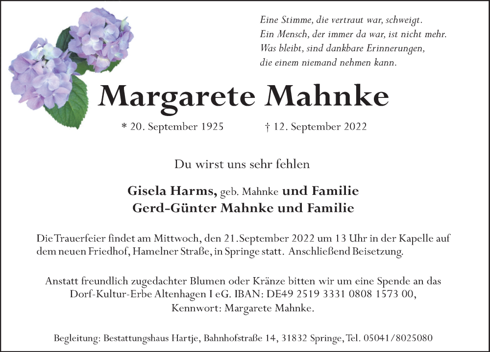  Traueranzeige für Margarete Mahnke vom 16.09.2022 aus Neue Deister-Zeitung