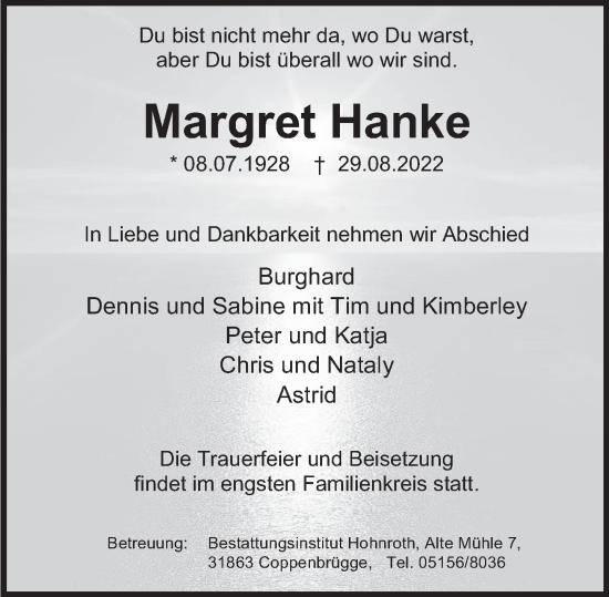Traueranzeige von Margret Hanke von Deister- und Weserzeitung
