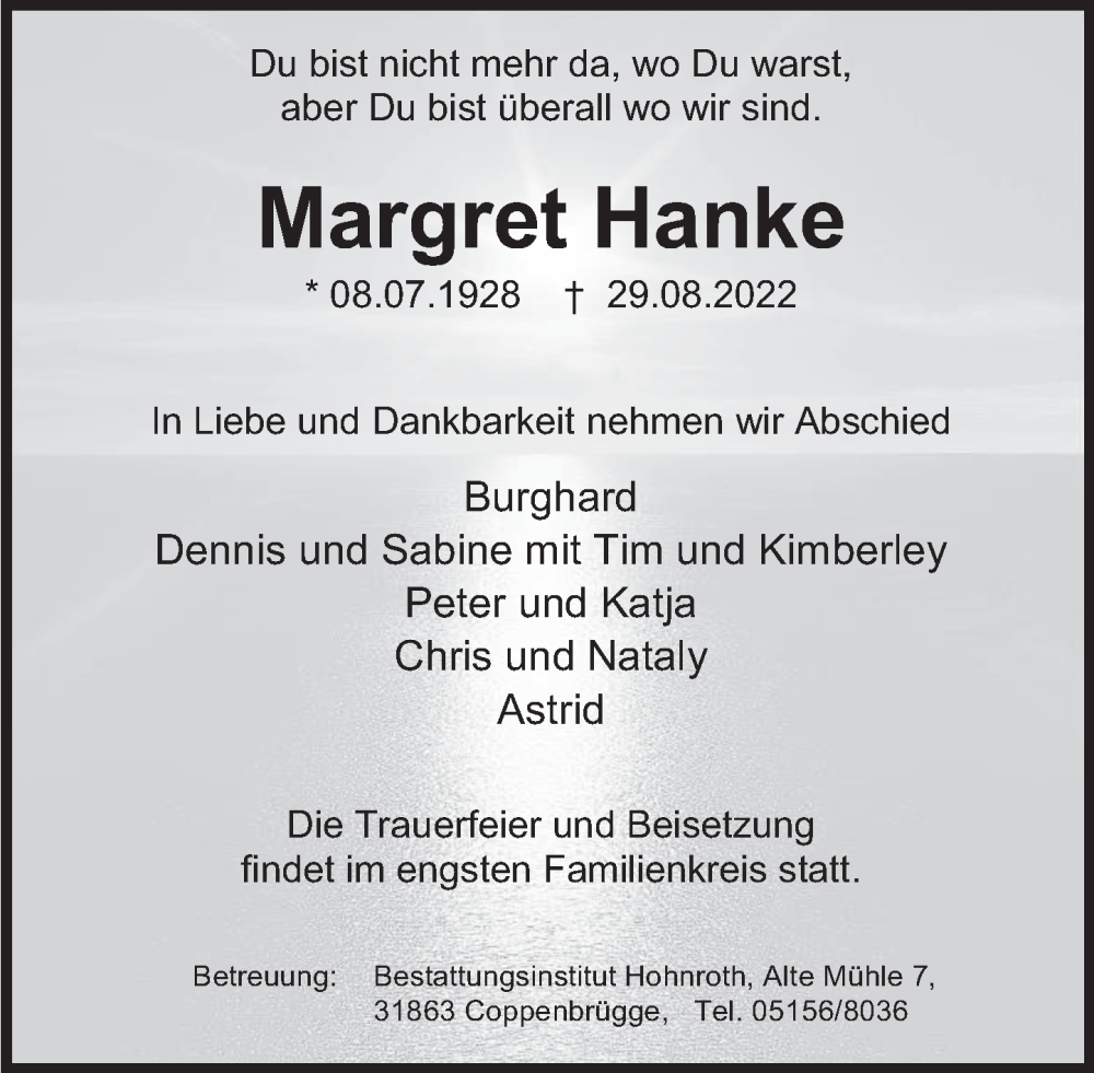  Traueranzeige für Margret Hanke vom 02.09.2022 aus Deister- und Weserzeitung