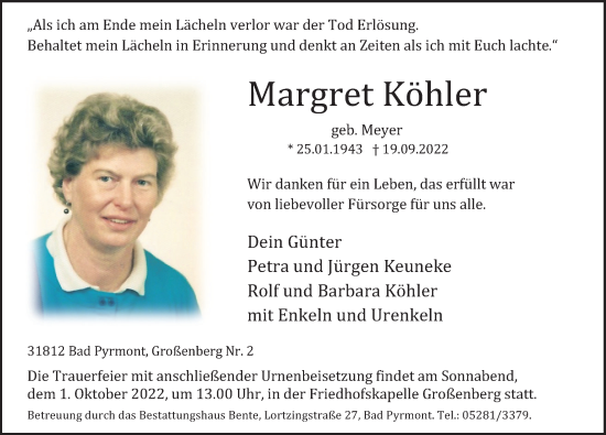 Traueranzeige von Margret Köhler von Deister- und Weserzeitung