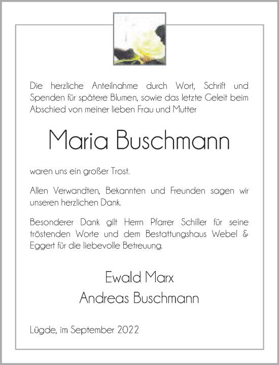 Traueranzeige von Maria Buschmann von Deister- und Weserzeitung