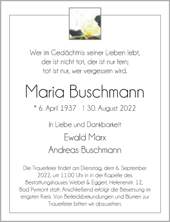 Traueranzeige von Maria Buschmann von Deister- und Weserzeitung