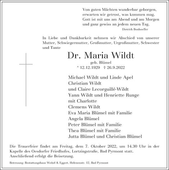 Traueranzeige von Maria Wildt von Deister- und Weserzeitung