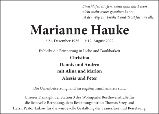 Traueranzeige von Marianne Hanke von Neue Deister-Zeitung