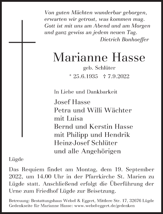 Traueranzeige von Marianne Hasse von Deister- und Weserzeitung