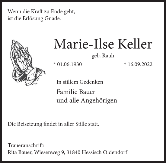 Traueranzeige von Marie-Ilse Keller von Deister- und Weserzeitung