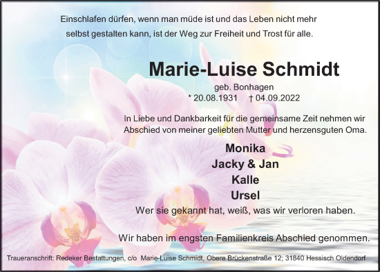Traueranzeige von Marie-Luise Schmidt von Deister- und Weserzeitung