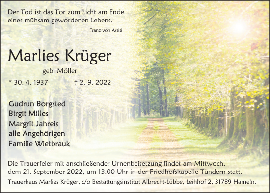 Traueranzeige von Marlies Krüger von Deister- und Weserzeitung