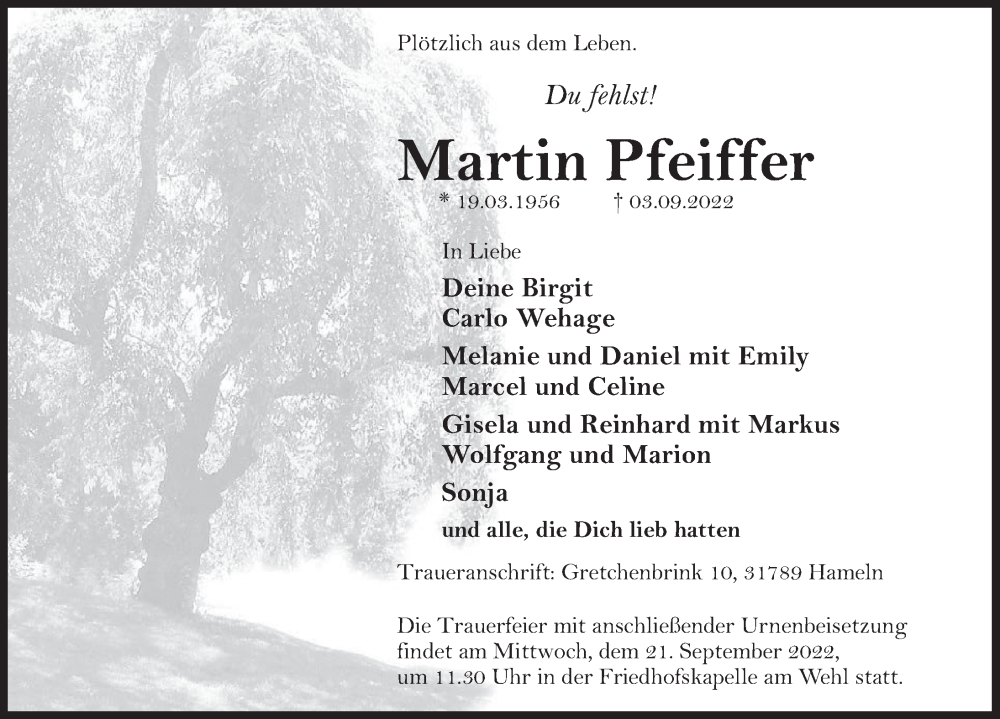  Traueranzeige für Martin Pfeiffer vom 17.09.2022 aus Deister- und Weserzeitung