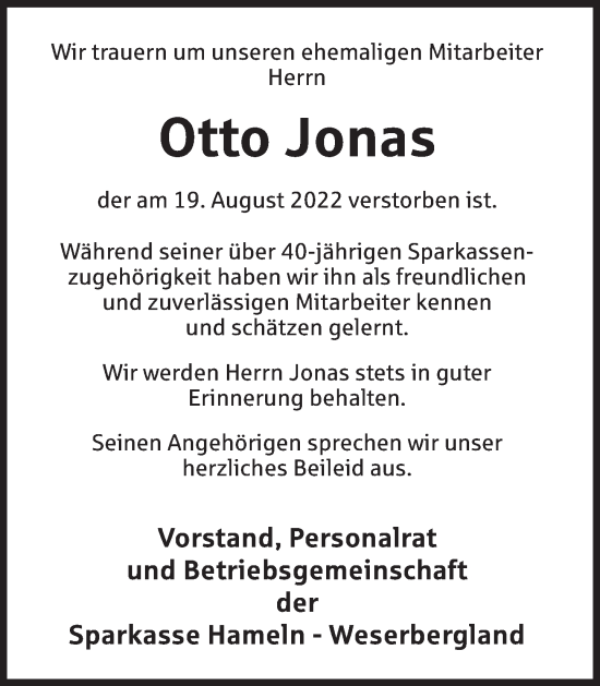 Traueranzeige von Otto Jonas von Deister- und Weserzeitung