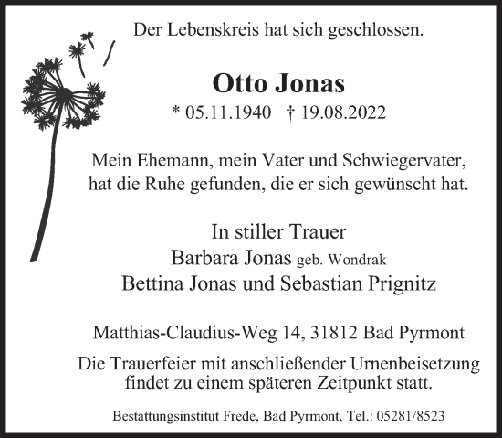 Traueranzeige von Otto Jonas von Deister- und Weserzeitung