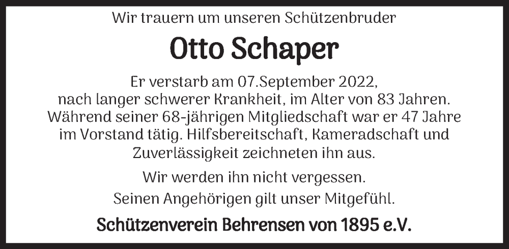  Traueranzeige für Otto Schaper vom 20.09.2022 aus Deister- und Weserzeitung