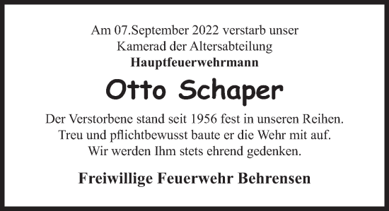Traueranzeige von Otto Schaper von Deister- und Weserzeitung