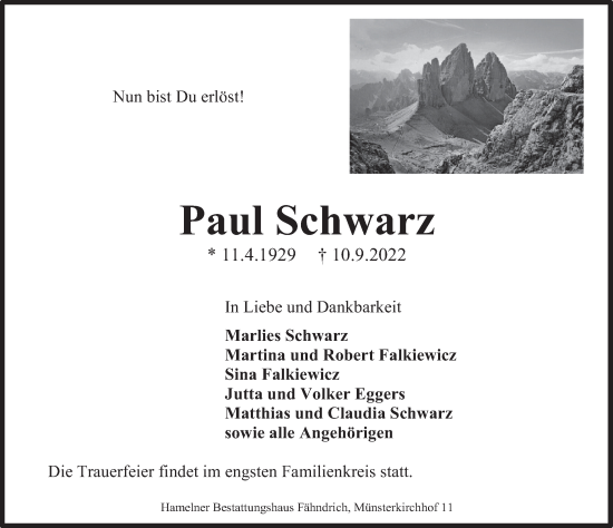 Traueranzeige von Paul Schwarz von Deister- und Weserzeitung