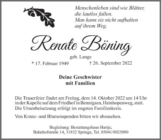 Traueranzeige von Renate Böning von Neue Deister-Zeitung