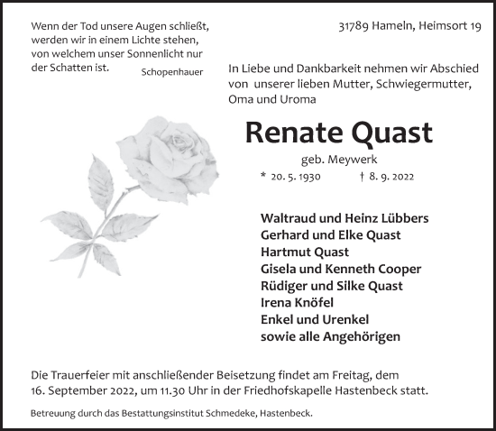 Traueranzeige von Renate Quast von Deister- und Weserzeitung