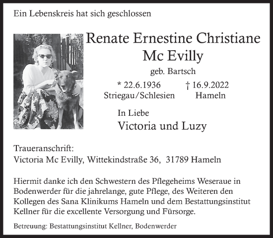 Traueranzeige von Renate Ernestine Mc Evilly von Deister- und Weserzeitung